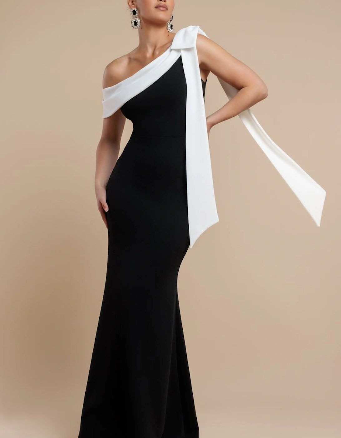One Shoulder Contrast Bow Maxi Dress, 2 of 1