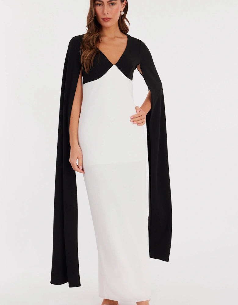Black and White Contrast Cape Detail Maxi Dress