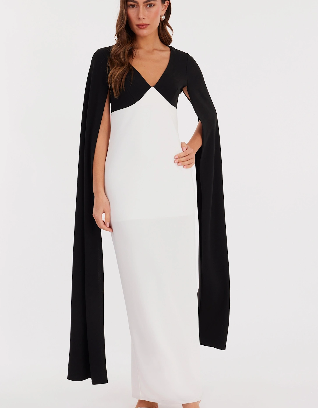 Black and White Contrast Cape Detail Maxi Dress, 2 of 1