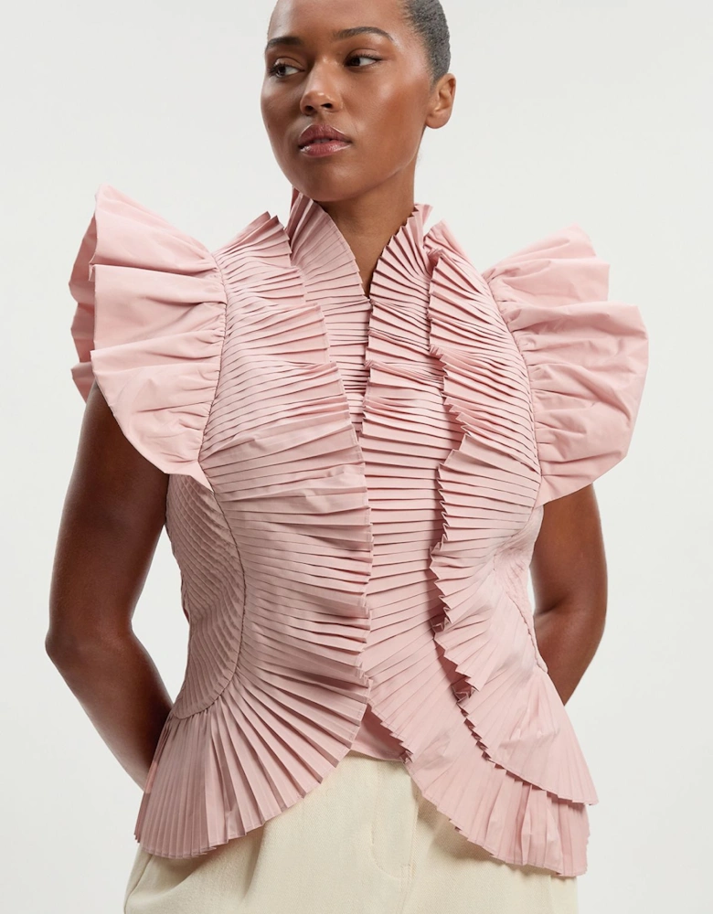 Plus Size Pleated Ruffle Sleeve Woven Top