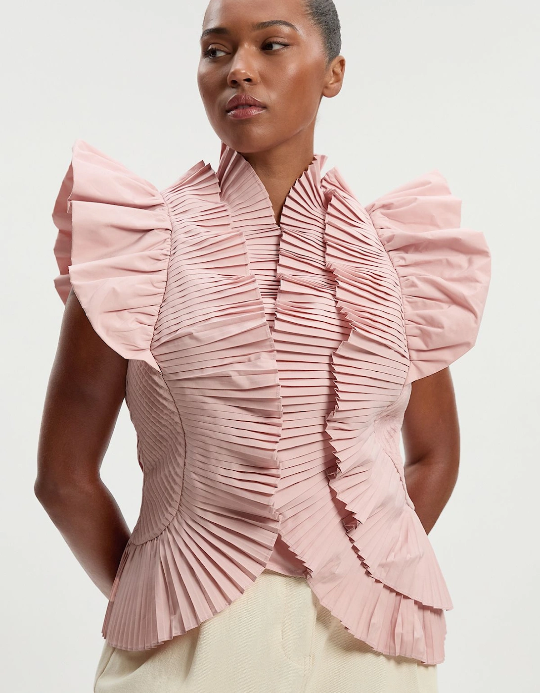 Plus Size Pleated Ruffle Sleeve Woven Top, 2 of 1