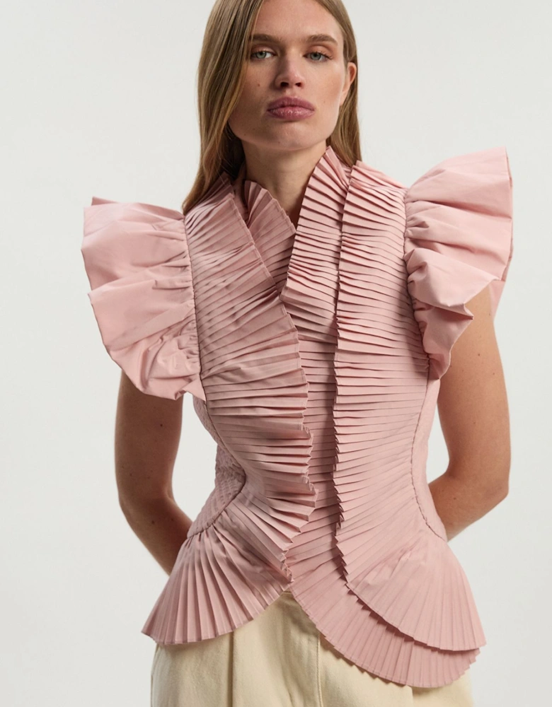 Pleated Ruffle Sleeve Woven Top