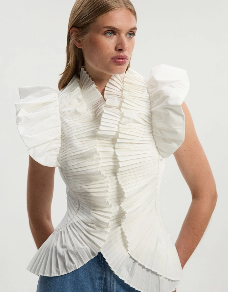 Pleated Ruffle Sleeve Woven Top