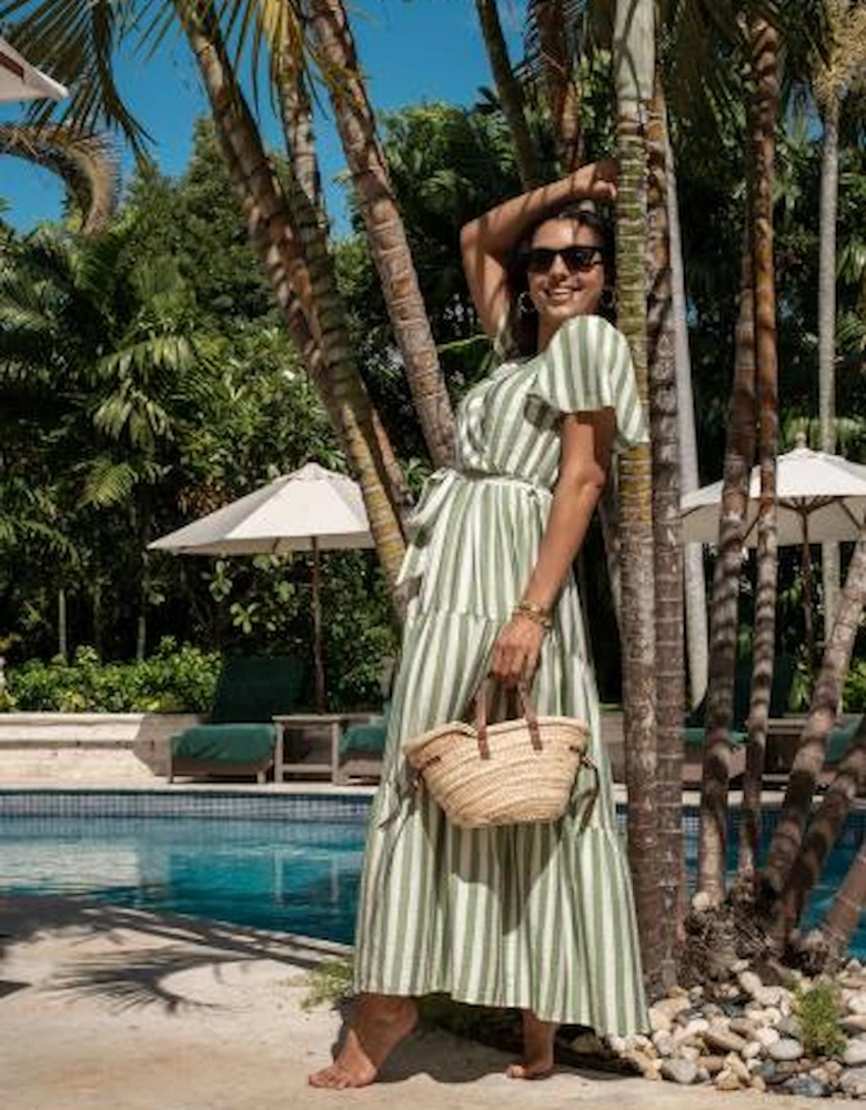 Sage Green Stripe Wrap Belted Viscose Midi Dress
