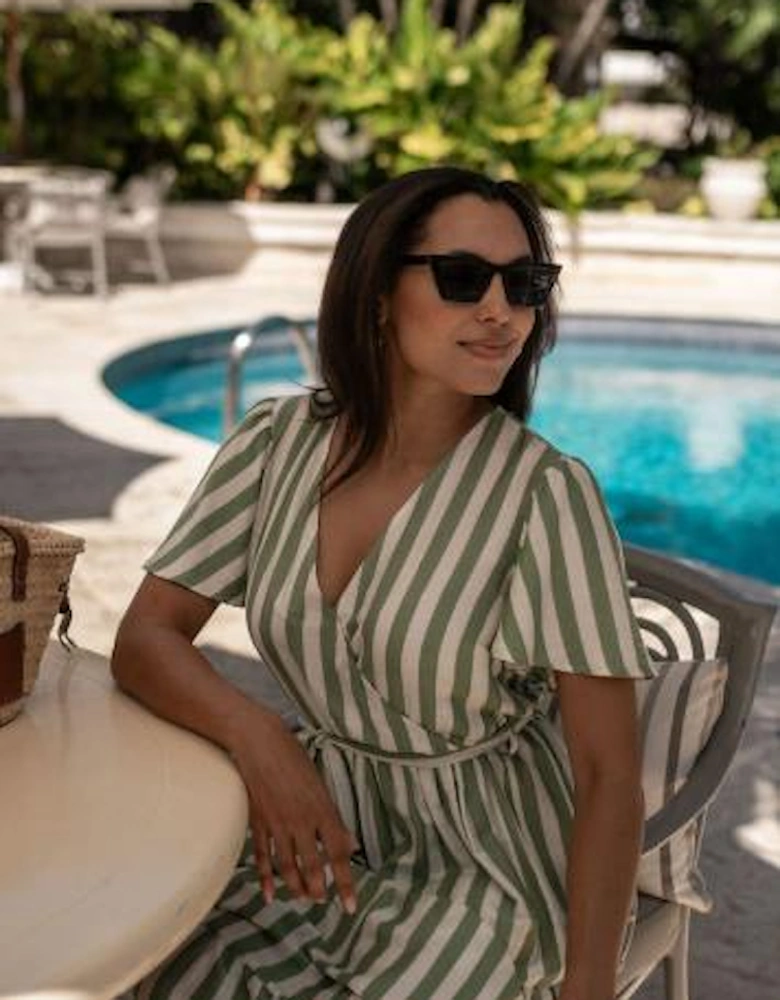 Sage Green Stripe Wrap Belted Viscose Midi Dress