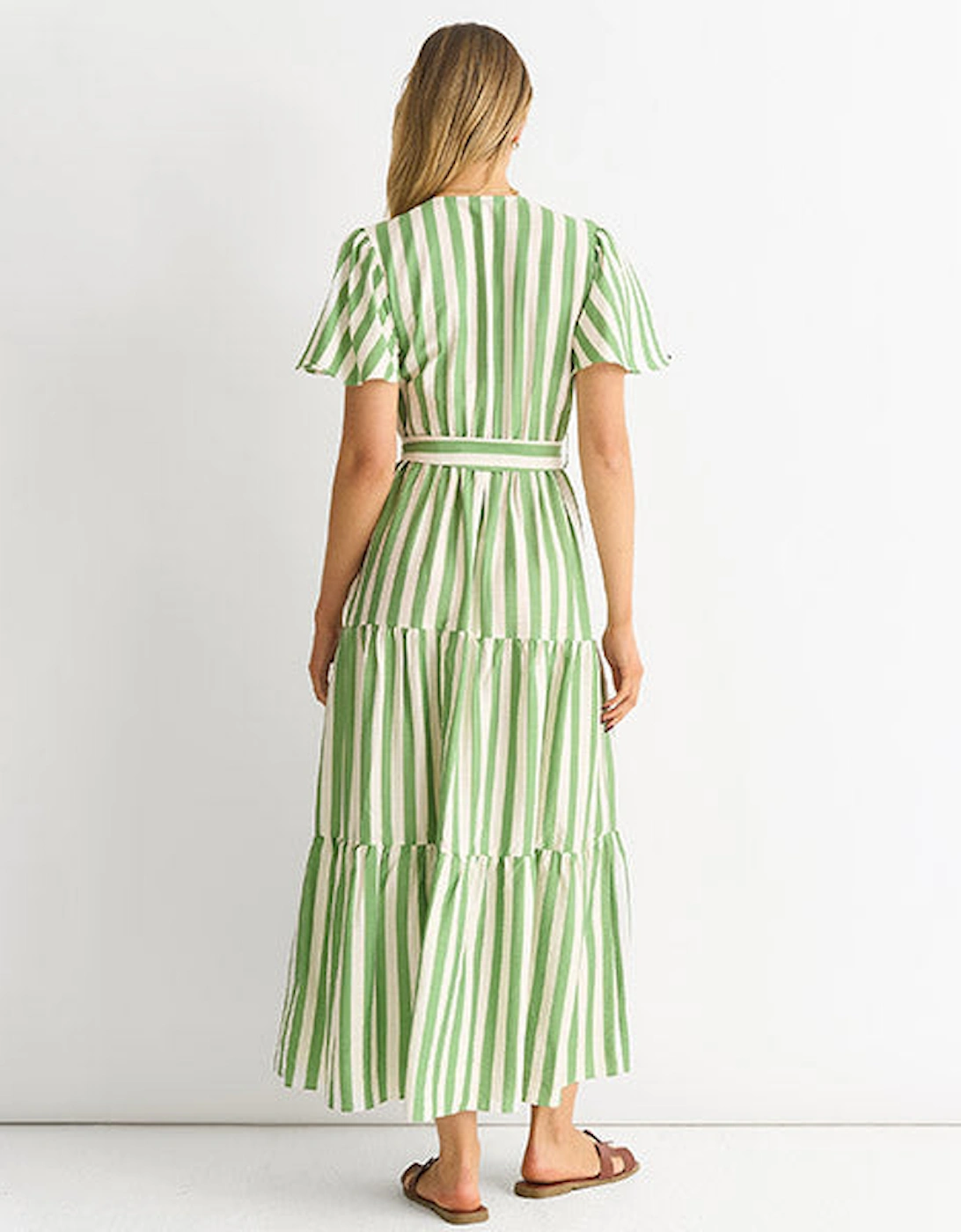 Sage Green Stripe Wrap Belted Viscose Midi Dress