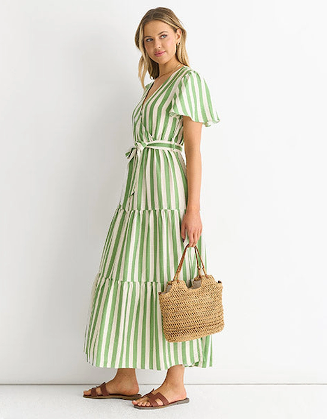 Sage Green Stripe Wrap Belted Viscose Midi Dress