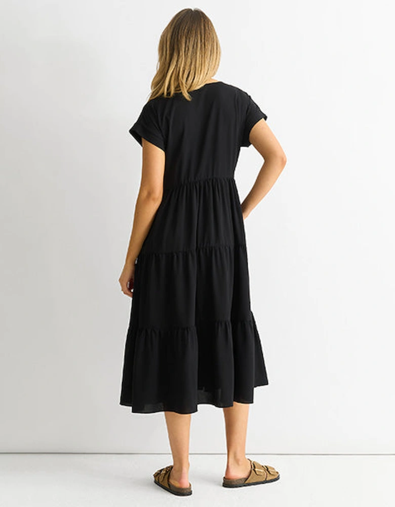Black V Neck Pocket Smock Midi Dress