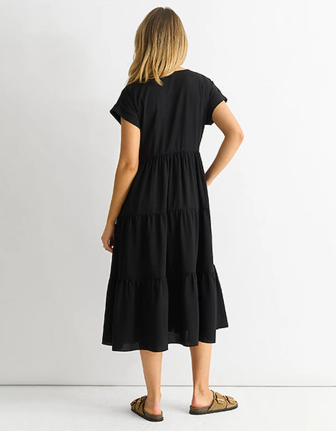 Black V Neck Pocket Smock Midi Dress
