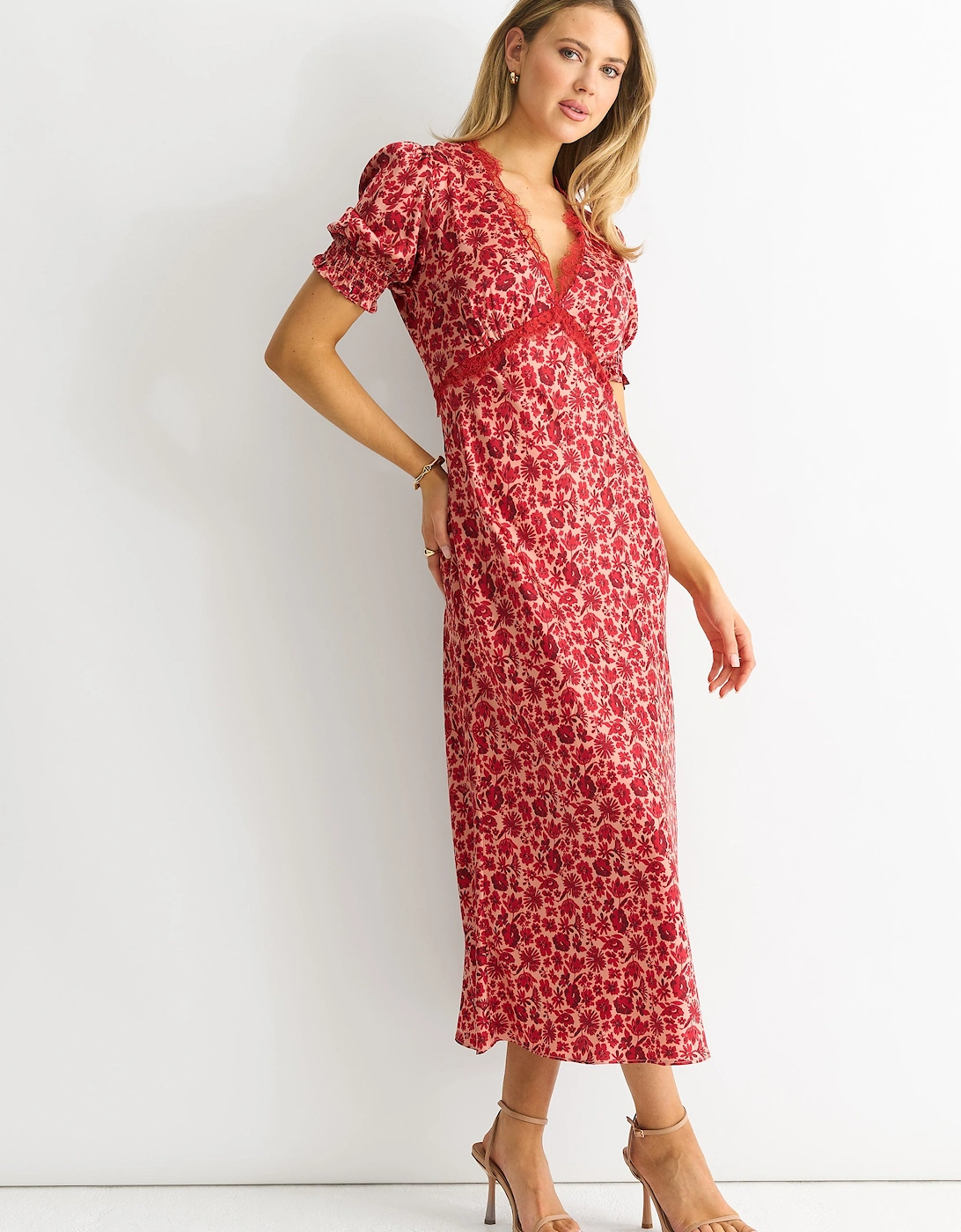 Red Floral Lace Trim V Neck Midi Dress