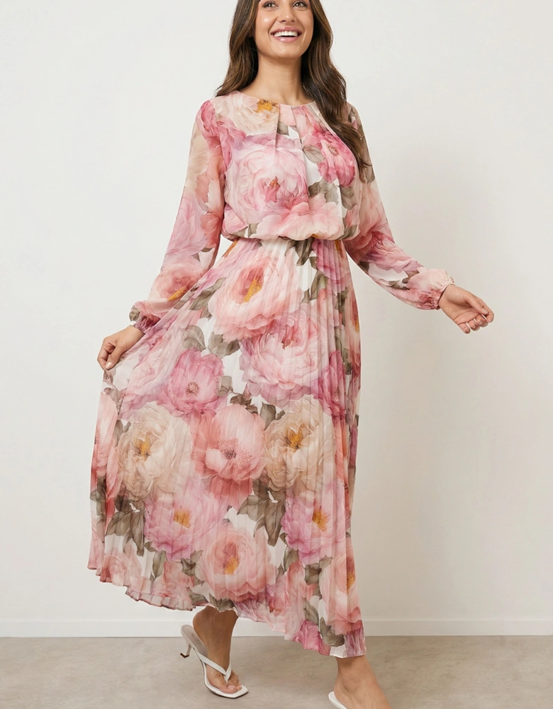Pink Pleated Floral Dress