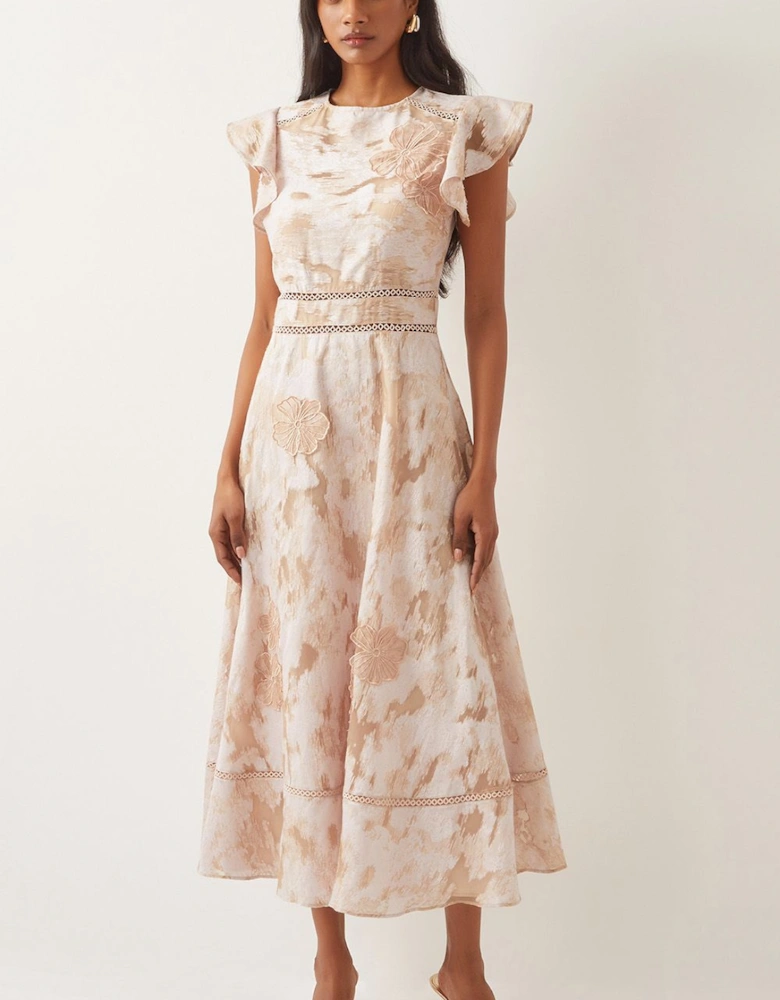 Josie Flutter Sleeve Floral Jacquard Midi Dress Blue