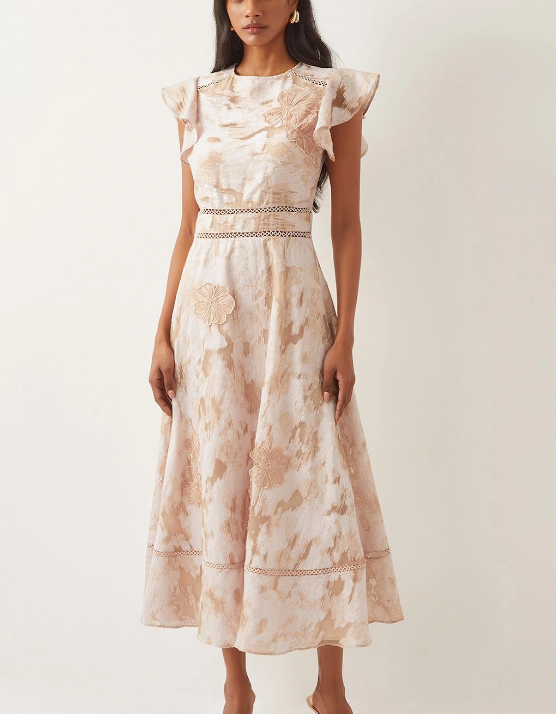 Josie Flutter Sleeve Floral Jacquard Midi Dress Blue, 2 of 1