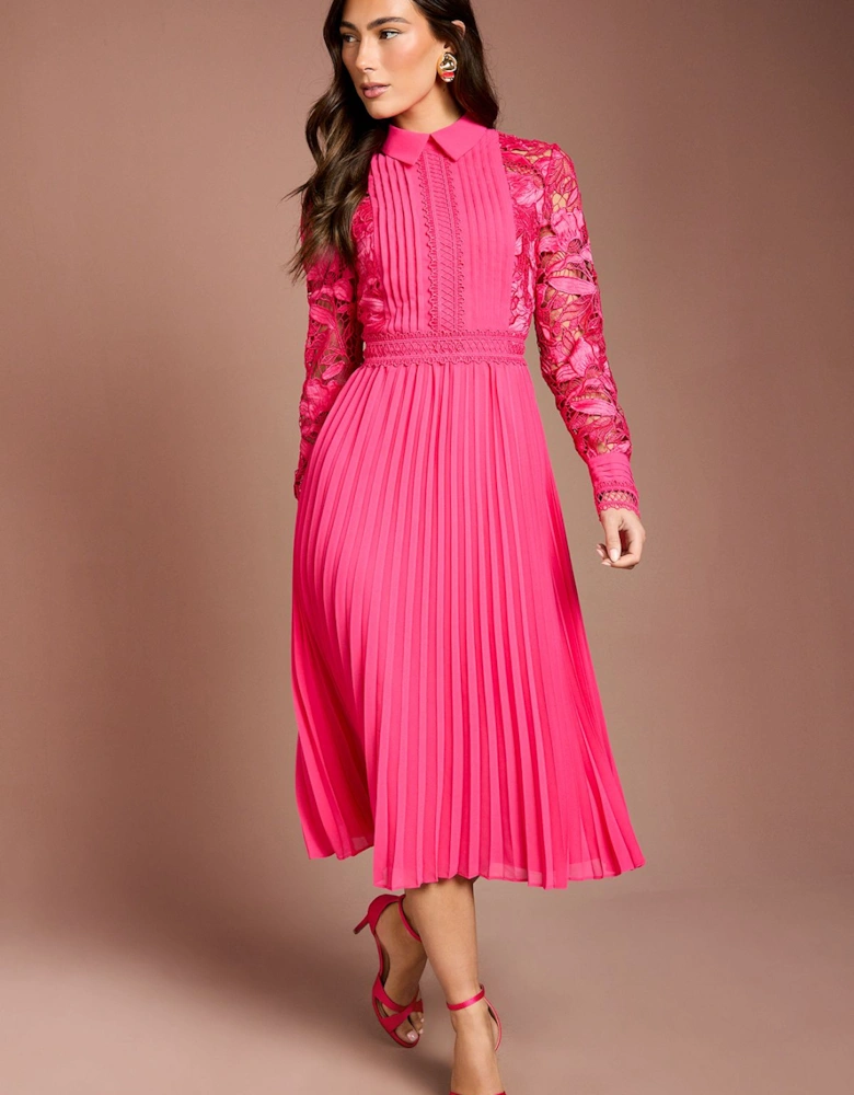Long Sleeve Lace and Pleated Midi Shirt Dress