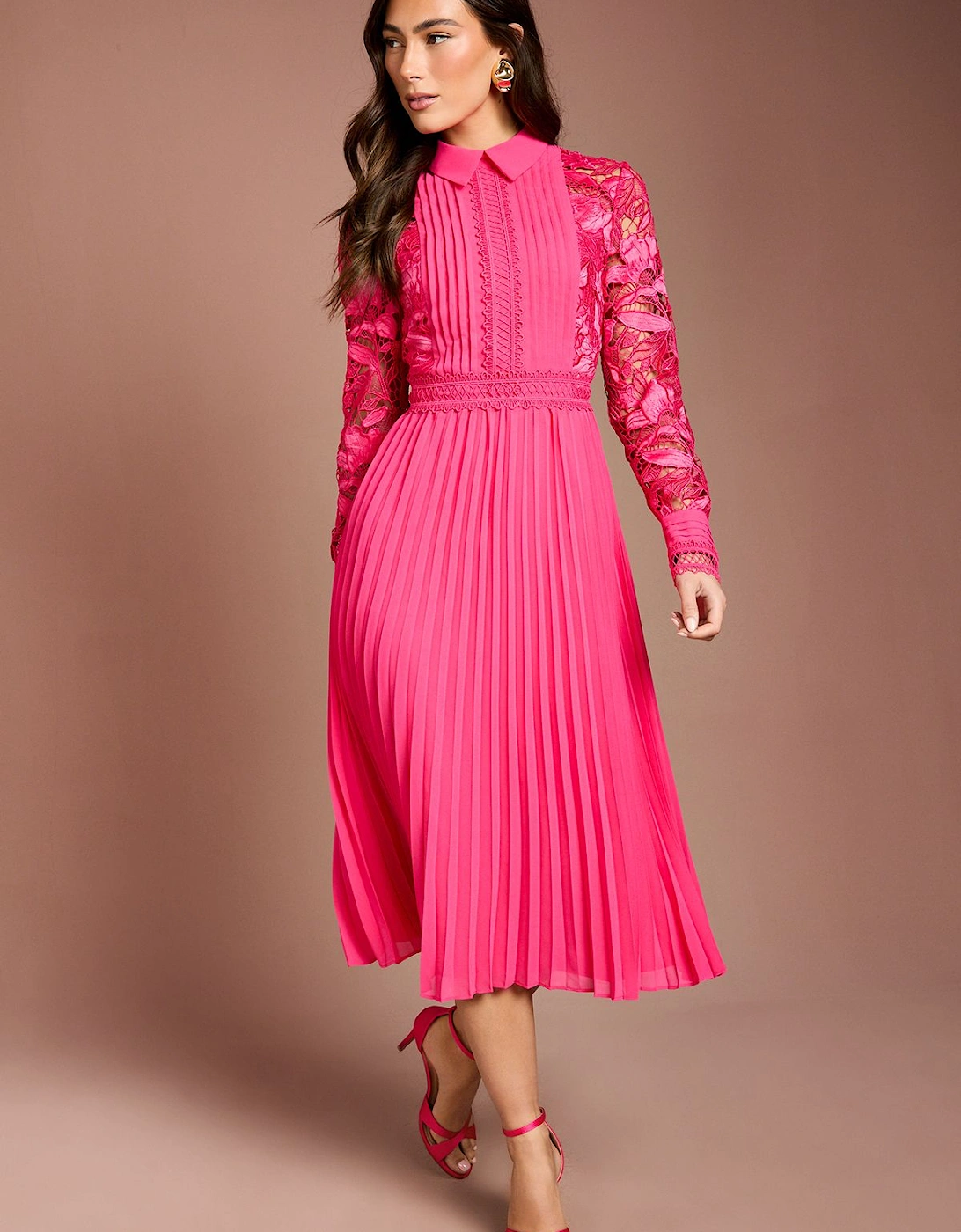 Long Sleeve Lace and Pleated Midi Shirt Dress, 2 of 1
