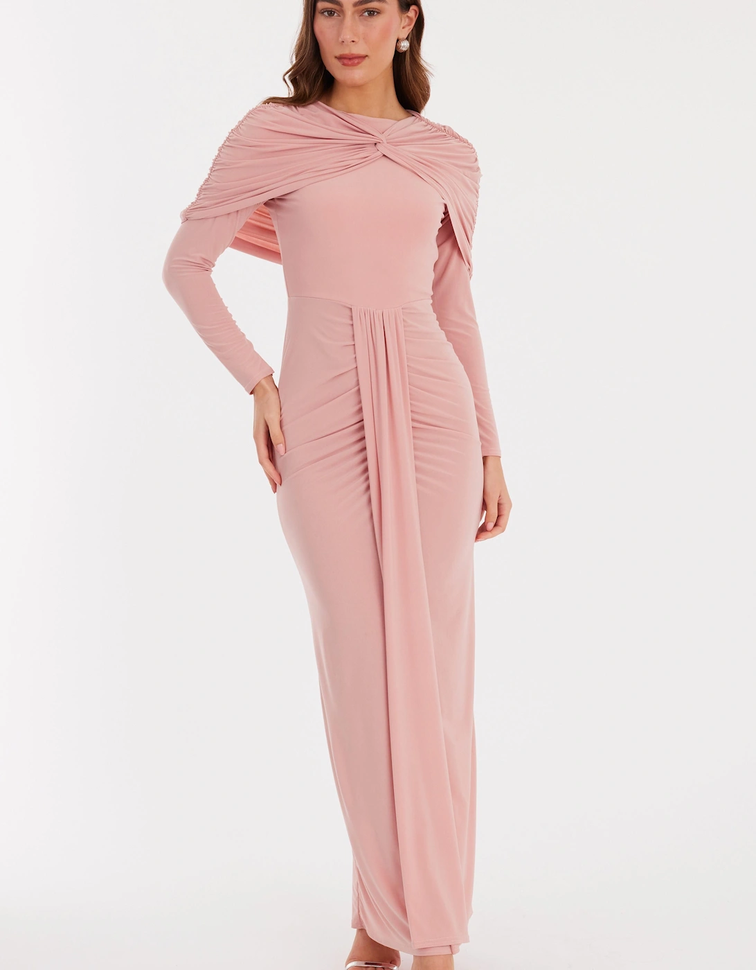 Pale Pink Ruched Cape Midaxi Dress, 2 of 1