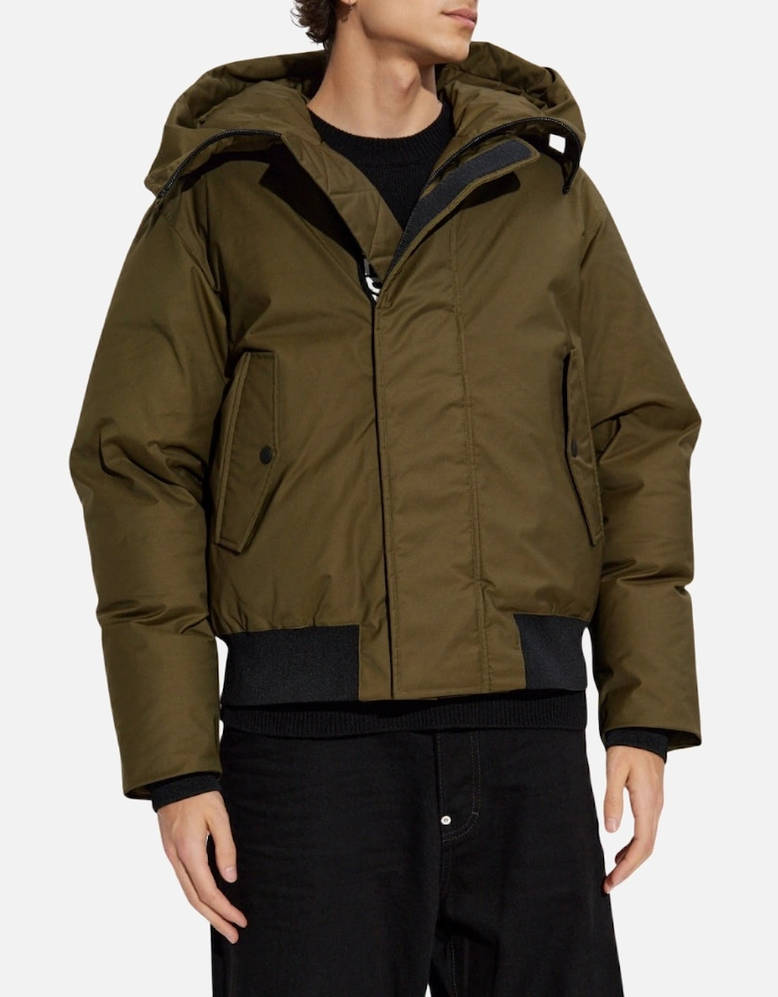 Techno Down Military Green Hooded Bomber Jacket