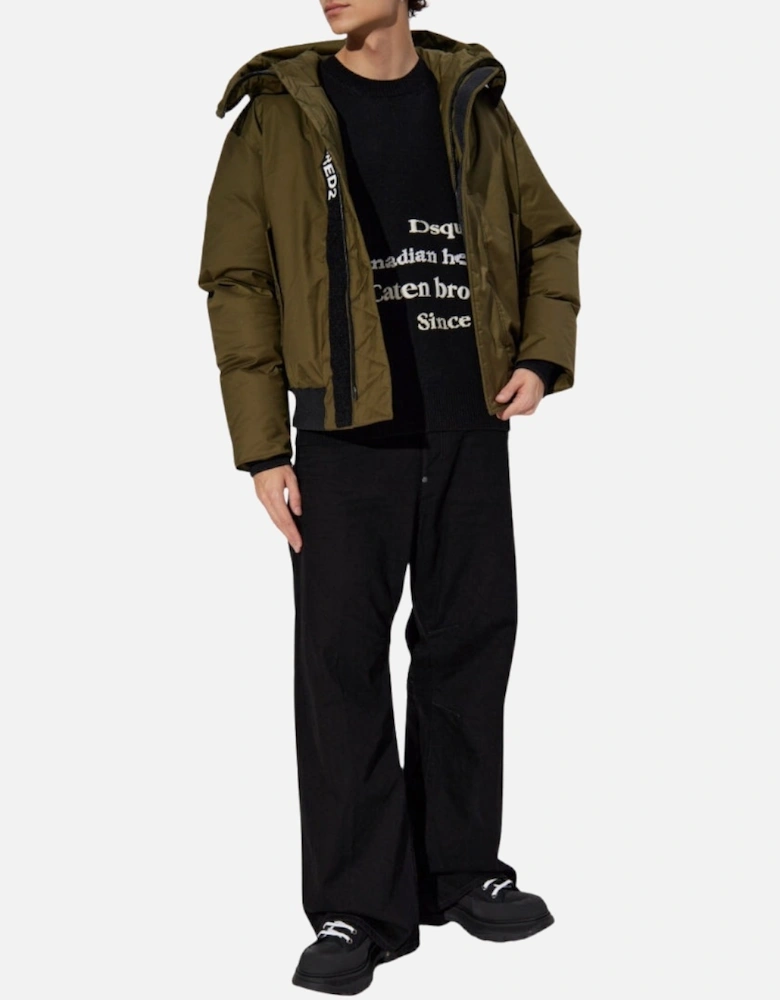 Techno Down Military Green Hooded Bomber Jacket