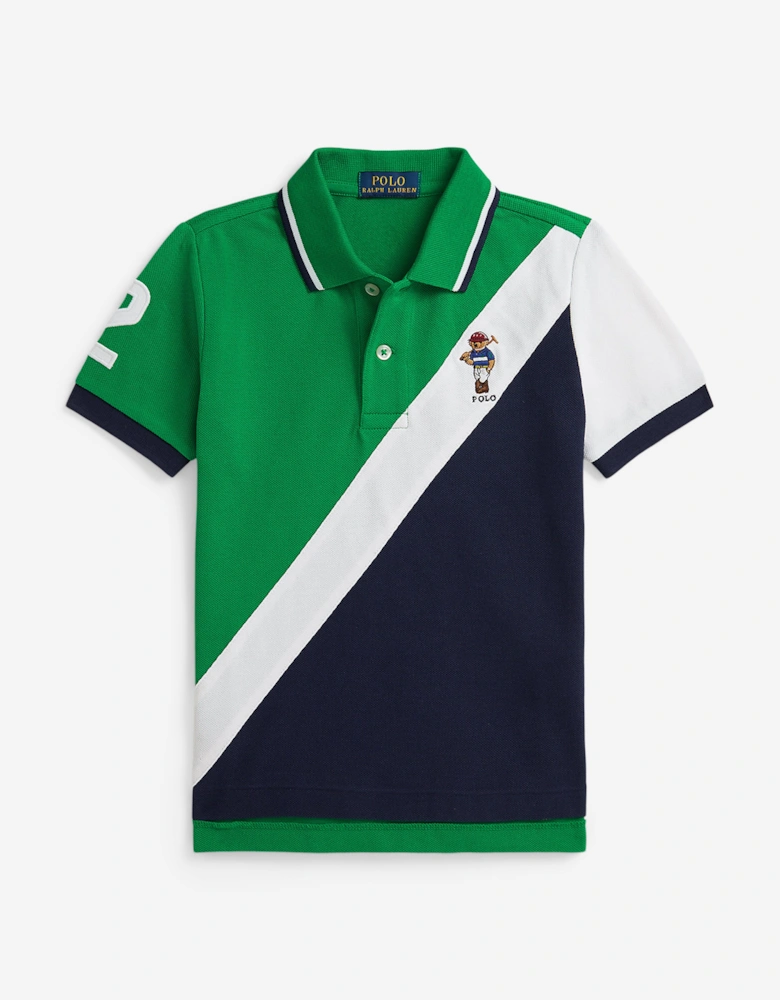 Boys Diagonal Stripe Bear Polo Shirt in Green