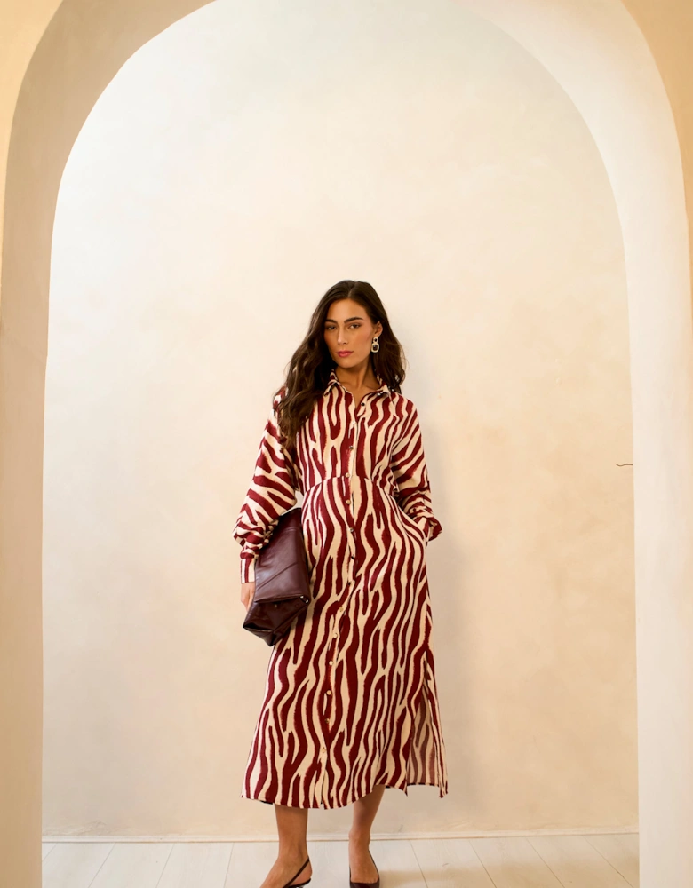 Burgundy Zebra Print Batwing Sleeve Shirt Dress