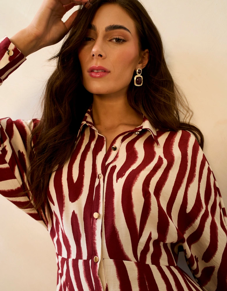 Burgundy Zebra Print Batwing Sleeve Shirt Dress