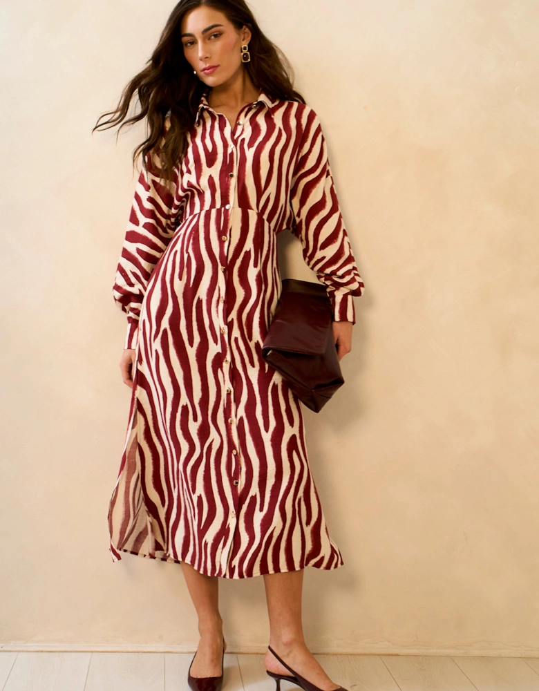 Burgundy Zebra Print Batwing Sleeve Shirt Dress