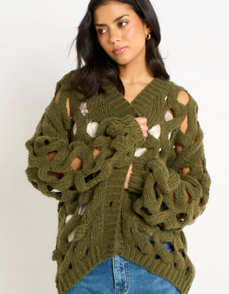 Khaki Hollow Chunky Knit Cardigan