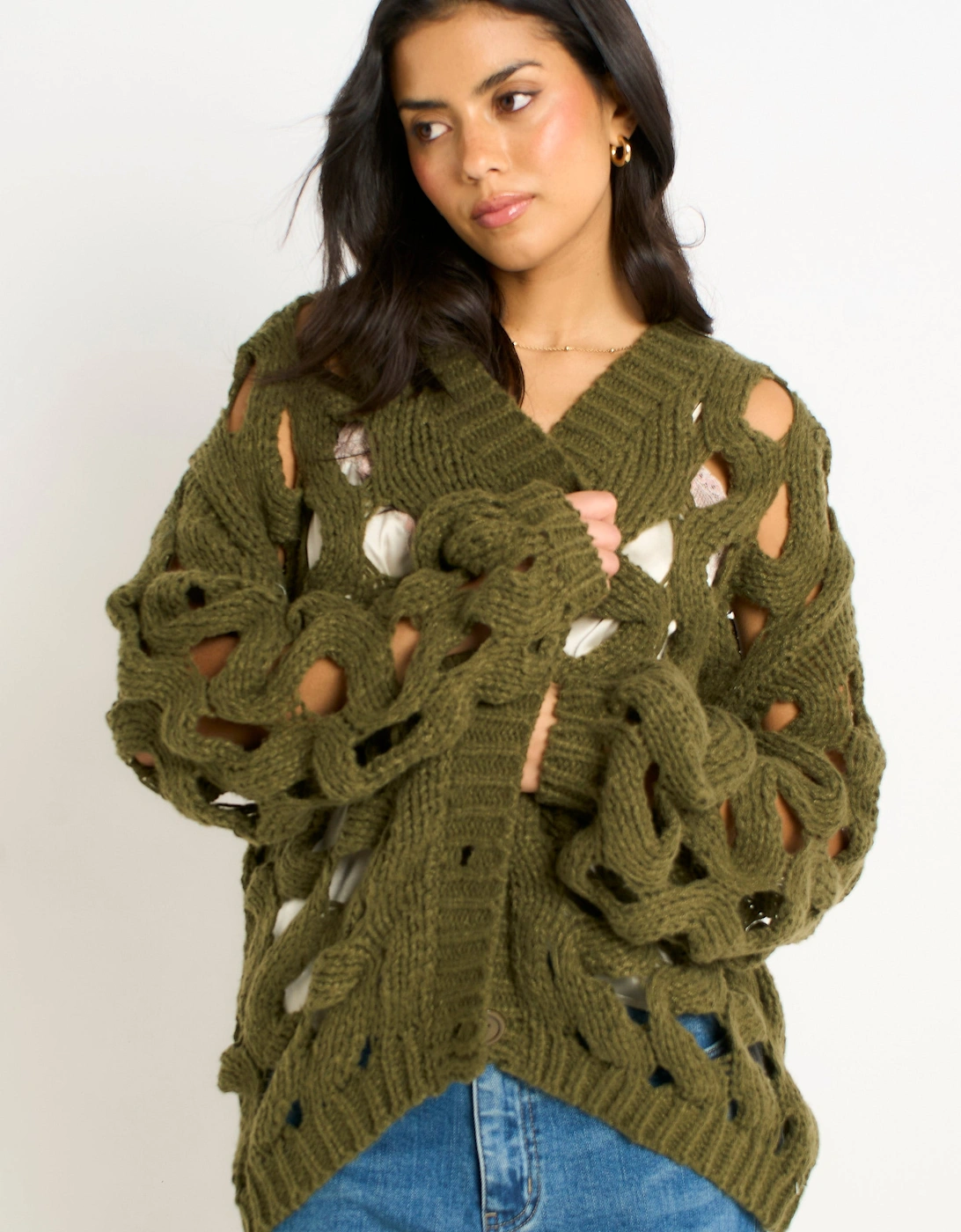 Gini London Women's Green Khaki Hollow Chunky Knit Cardigan - Size 12/14