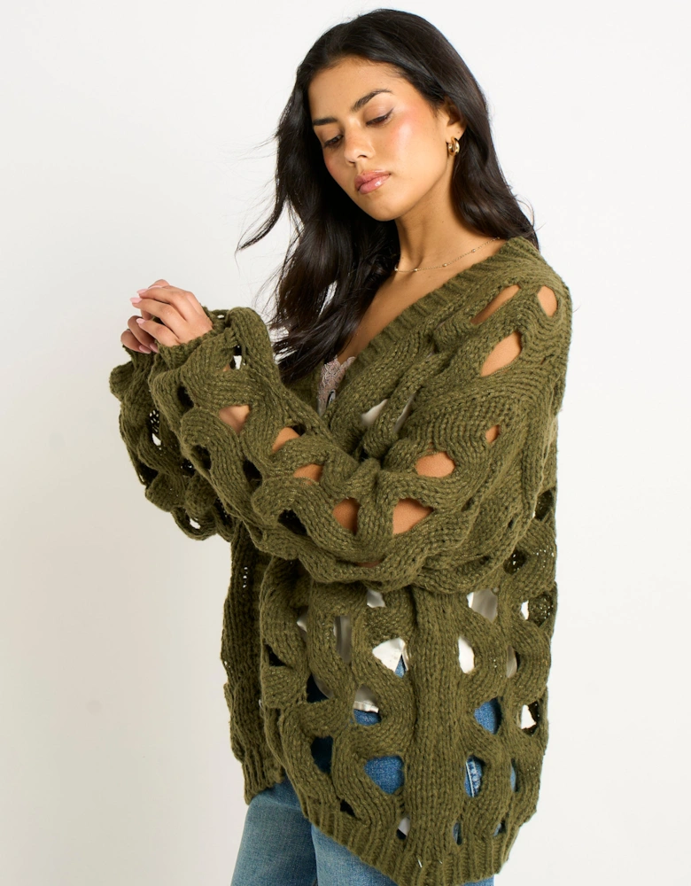 Khaki Hollow Chunky Knit Cardigan
