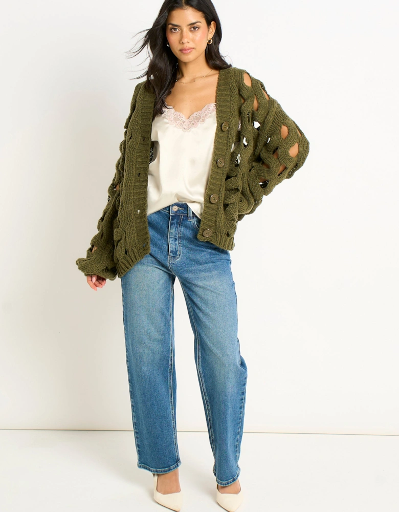 Khaki Hollow Chunky Knit Cardigan