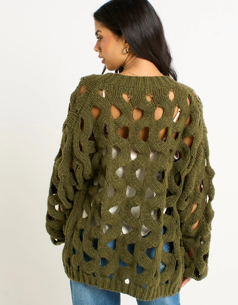 Khaki Hollow Chunky Knit Cardigan