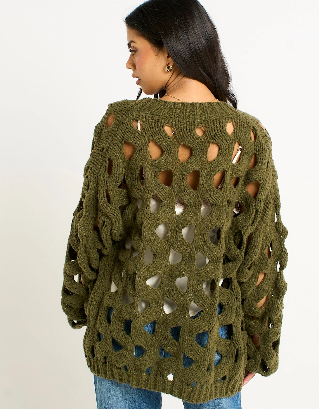 Khaki Hollow Chunky Knit Cardigan