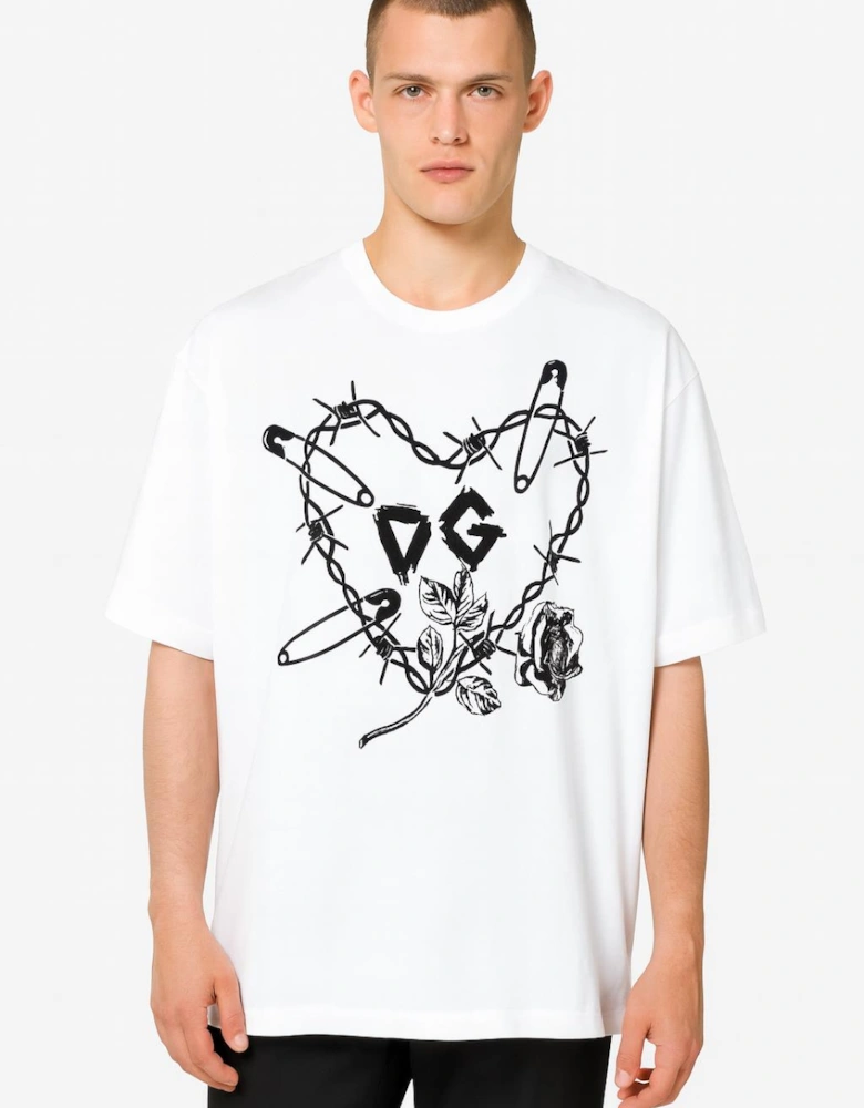 Men's White Heart Graphic Print T Shirt