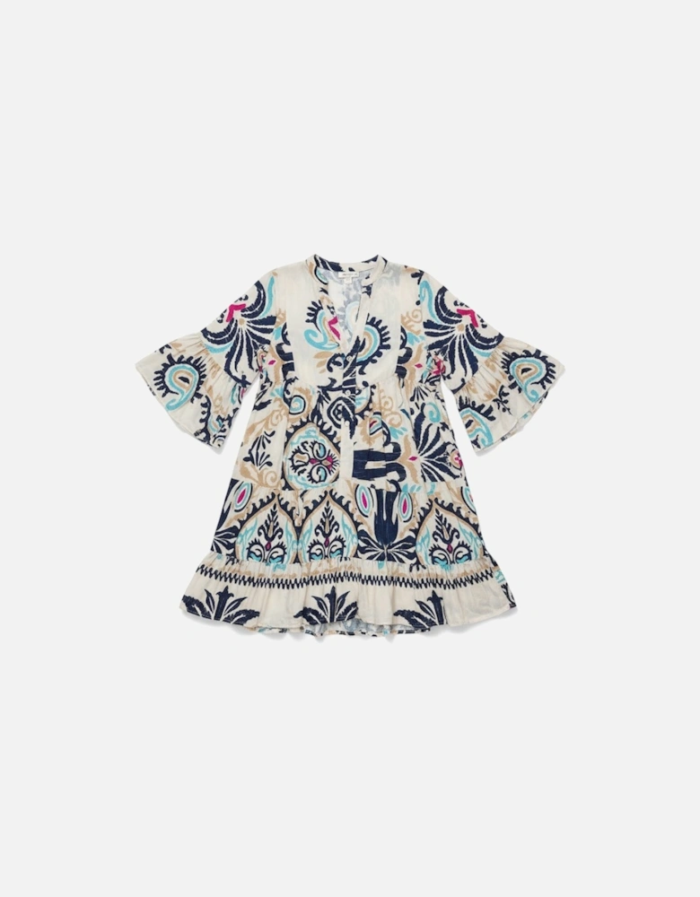 White Printed Tribal Print Bracelet Sleeve Buttoned Mini Dress