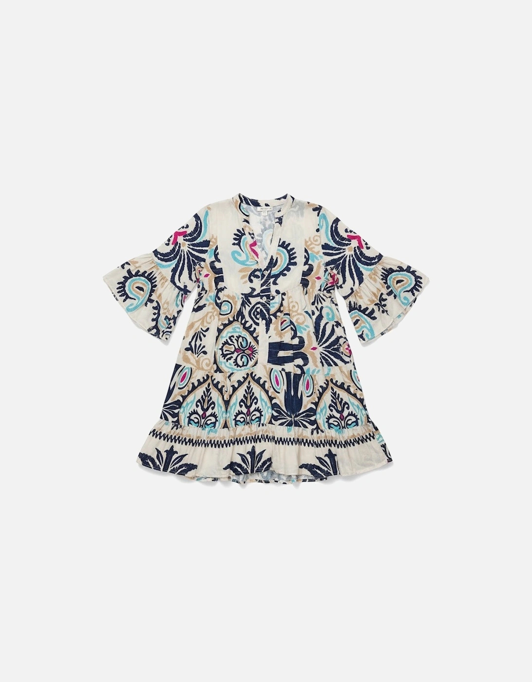 White Printed Tribal Print Bracelet Sleeve Buttoned Mini Dress, 7 of 6