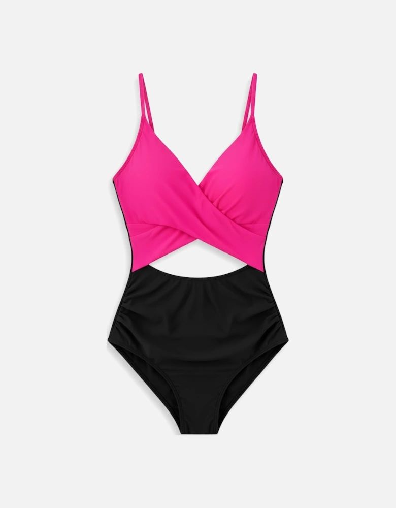 Rose Red Crossover Colorblock Cutout One Piece Swimsuit