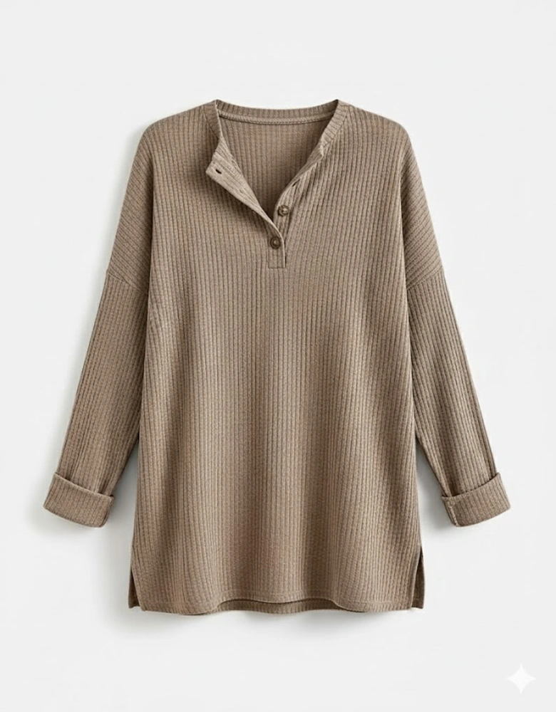Pale Khaki Rib Textured Henley Knit Top
