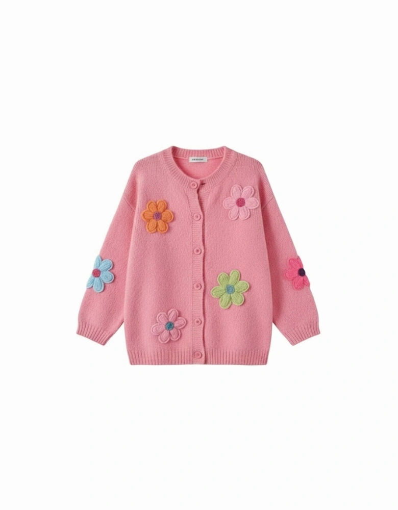 Pink Cute Knitted Floral Pattern Button Up Cardigan