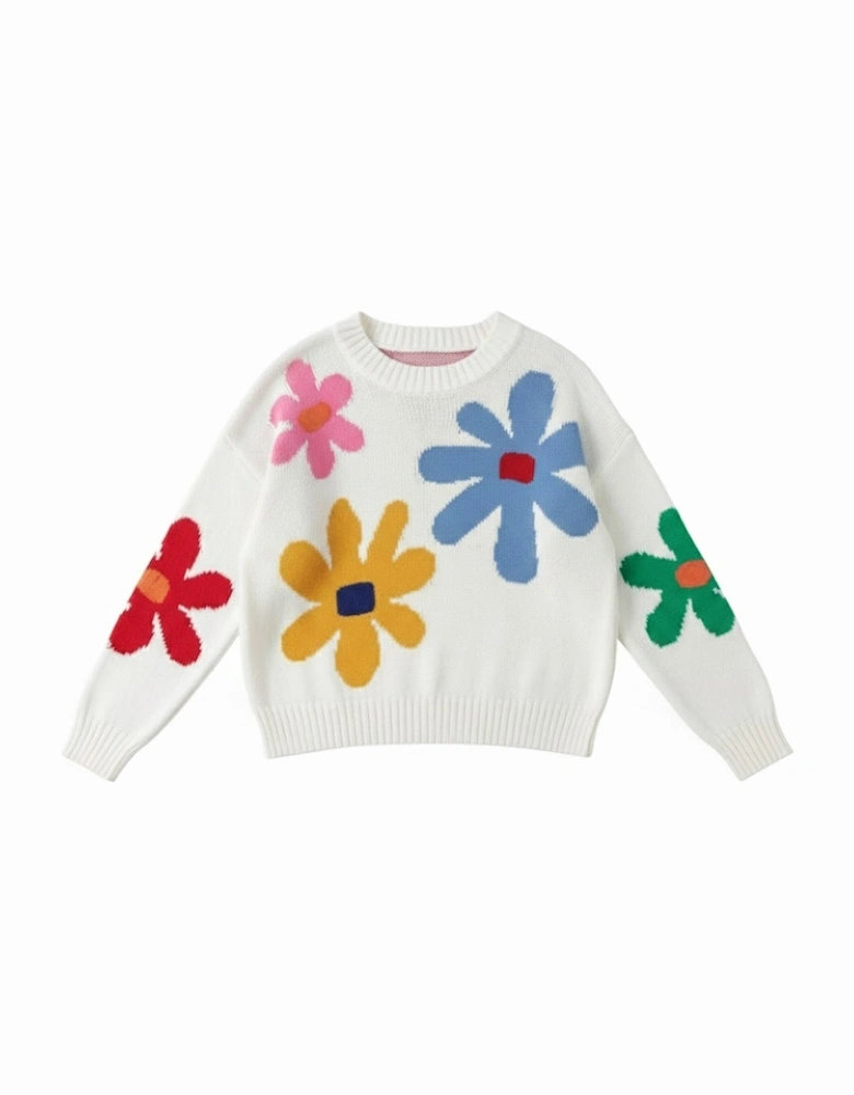 White Colorful Big Flower Pattern Crewneck Sweater