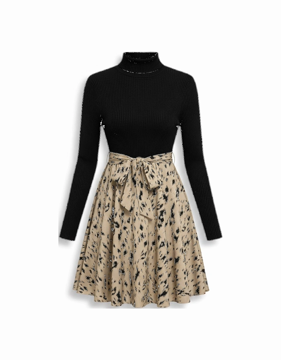 Black Ribbed Knit Patchwork Printed Belted A-line Dress, 8 of 7