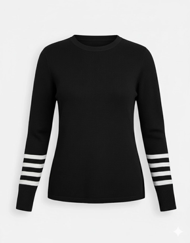 Black Striped Sleeve Plain Knit Sweater