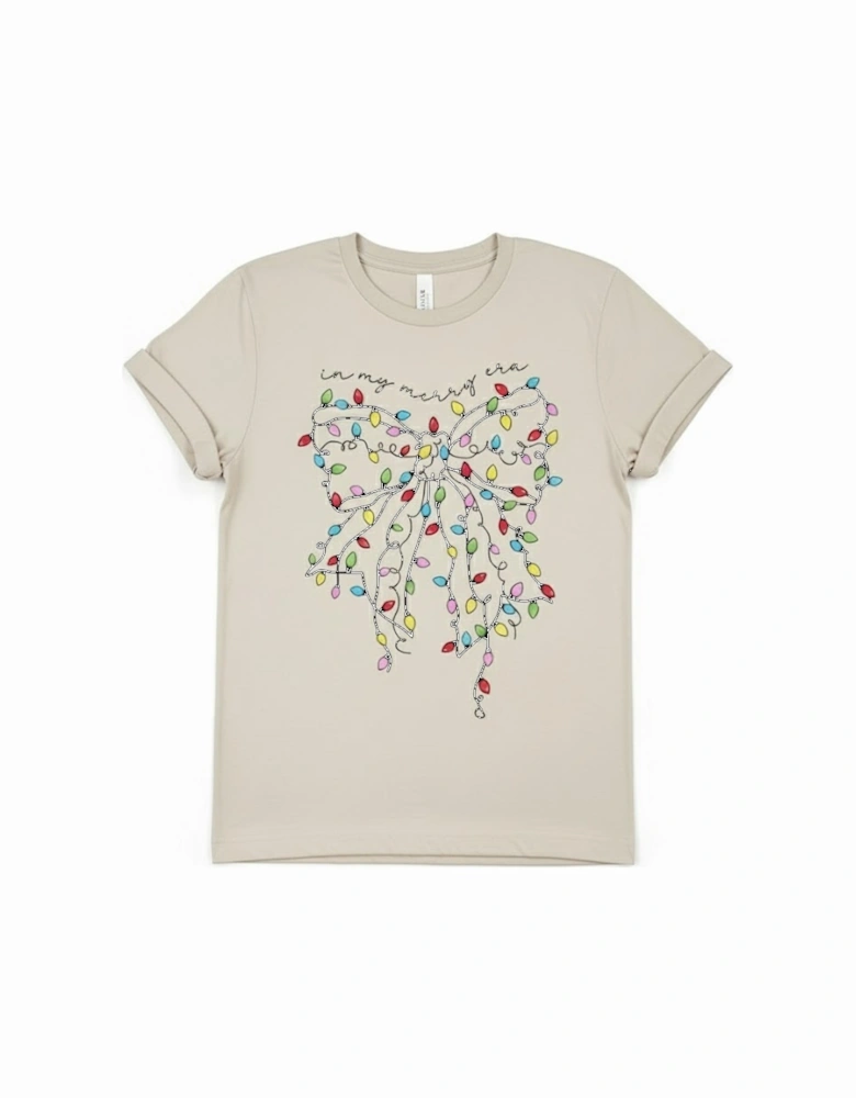 White Colored Light Bowknot Graphic Crewneck T Shirt