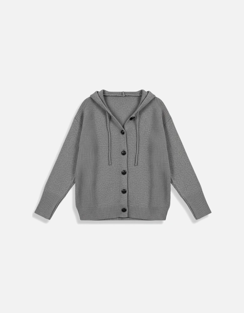 Medium Grey Drawstring Hooded Button Up Drop Shoulder Sweater Cardigan
