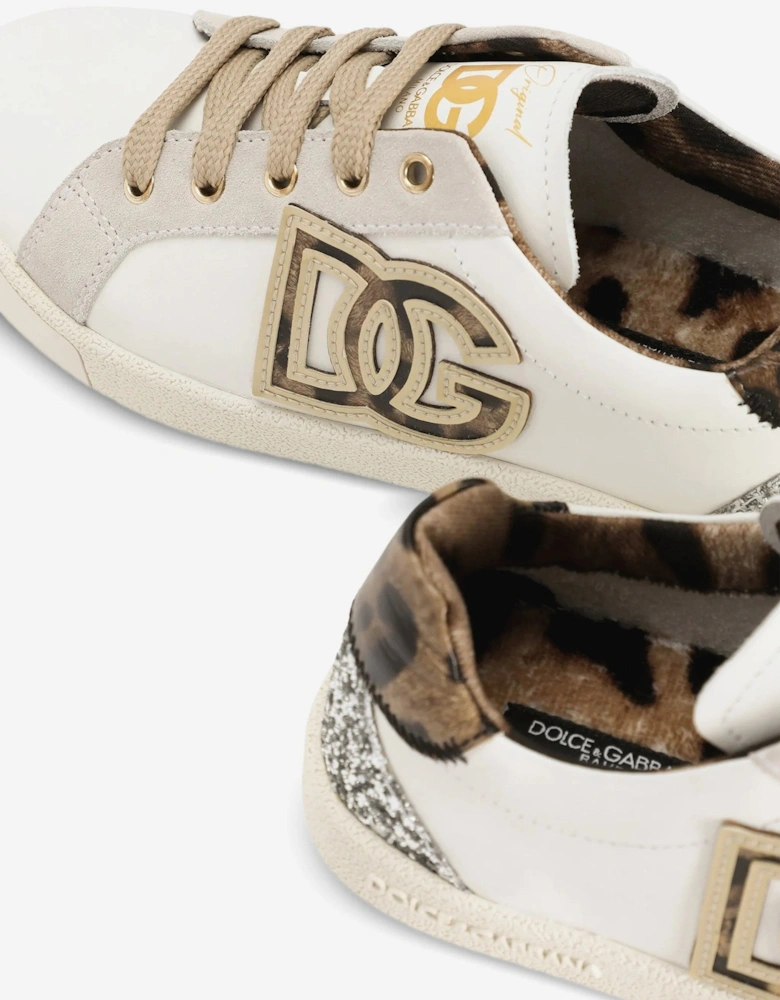 Girls Leather Leopard DG Trainers in White