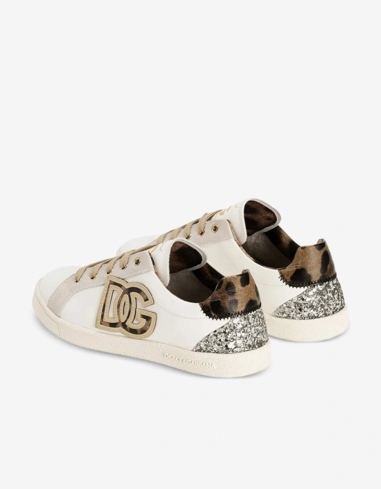 Girls Leather Leopard DG Trainers in White