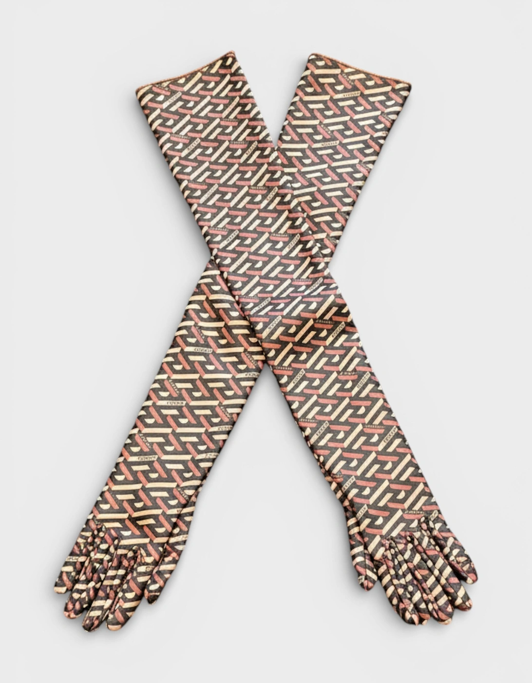 Leather Long Sleeve Opera Glove Monogram Print Black Caramel