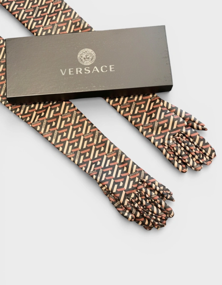 Leather Long Sleeve Opera Glove Monogram Print Black Caramel