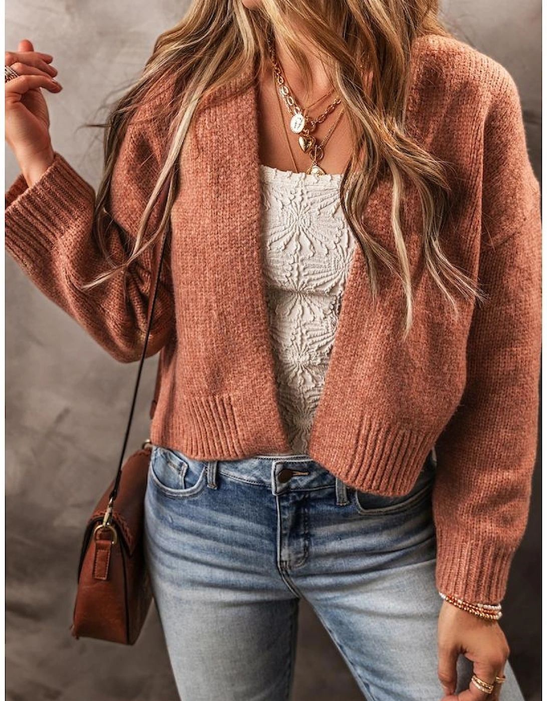 Light French Beige Drop Shoulder Open Front Cropped Cardigan