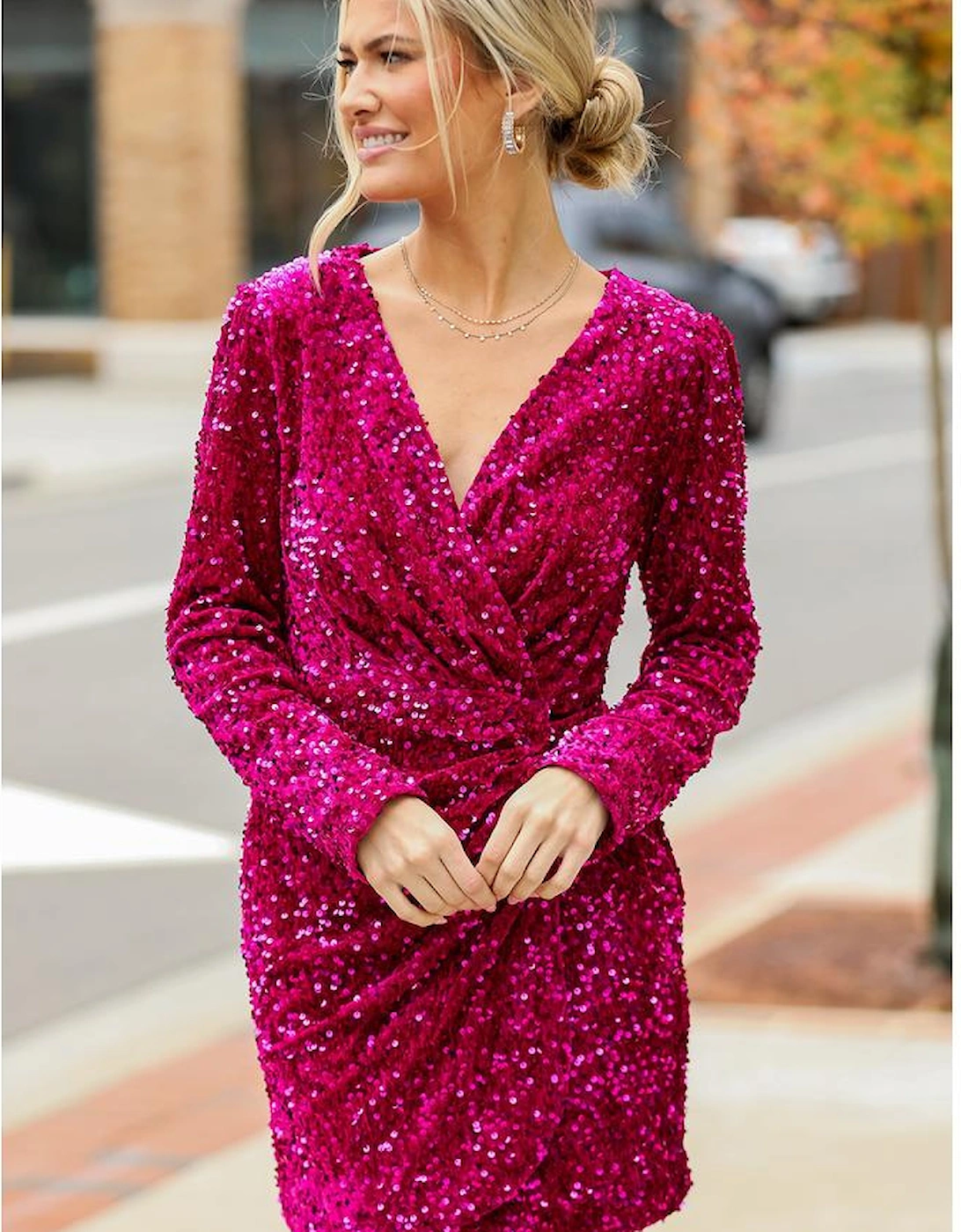 Pitaya Pink Velvet Sequin Long Sleeve V Neck Wrapped Mini Dress