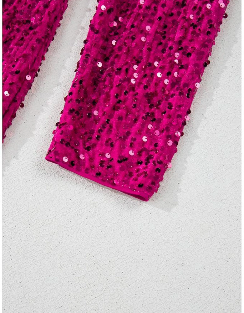 Pitaya Pink Velvet Sequin Long Sleeve V Neck Wrapped Mini Dress